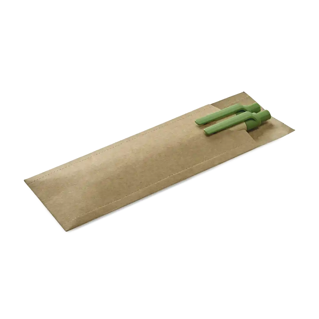 Conjunto de caneta com escrita em azul e lapiseira em papel kraft